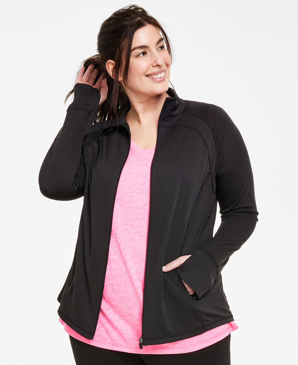 Id Ideology Women's Plus Essentials Performance Zip Jacket, Created For Macy's In Deep Black