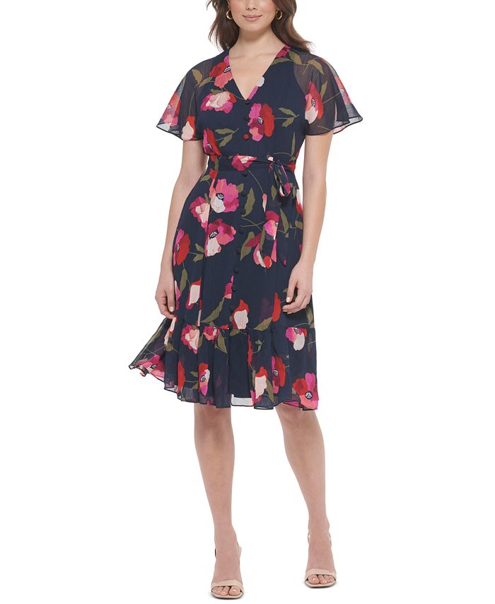 Calvin Klein Petite Floral-Print Chiffon Tie-Waist Dress - Macy's