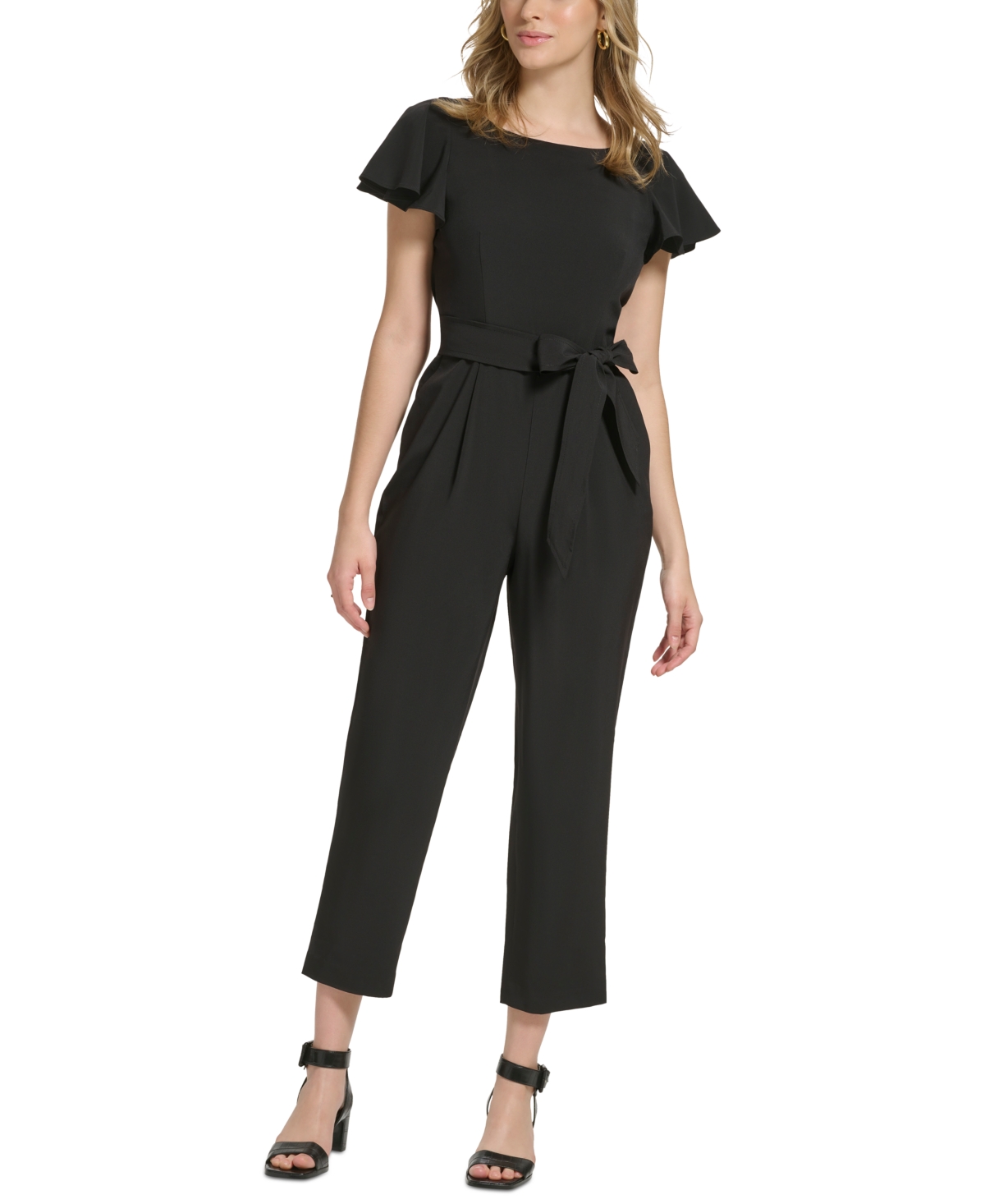 Calvin Klein Women's Flutter-sleeve Belted Cropped Jumpsuit In Black |  ModeSens