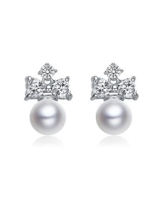 GV  Sterling Silver White Gold Plated White Round Freshwater Pearl with Clear Heart and Round Cubic Zirconia Earrings