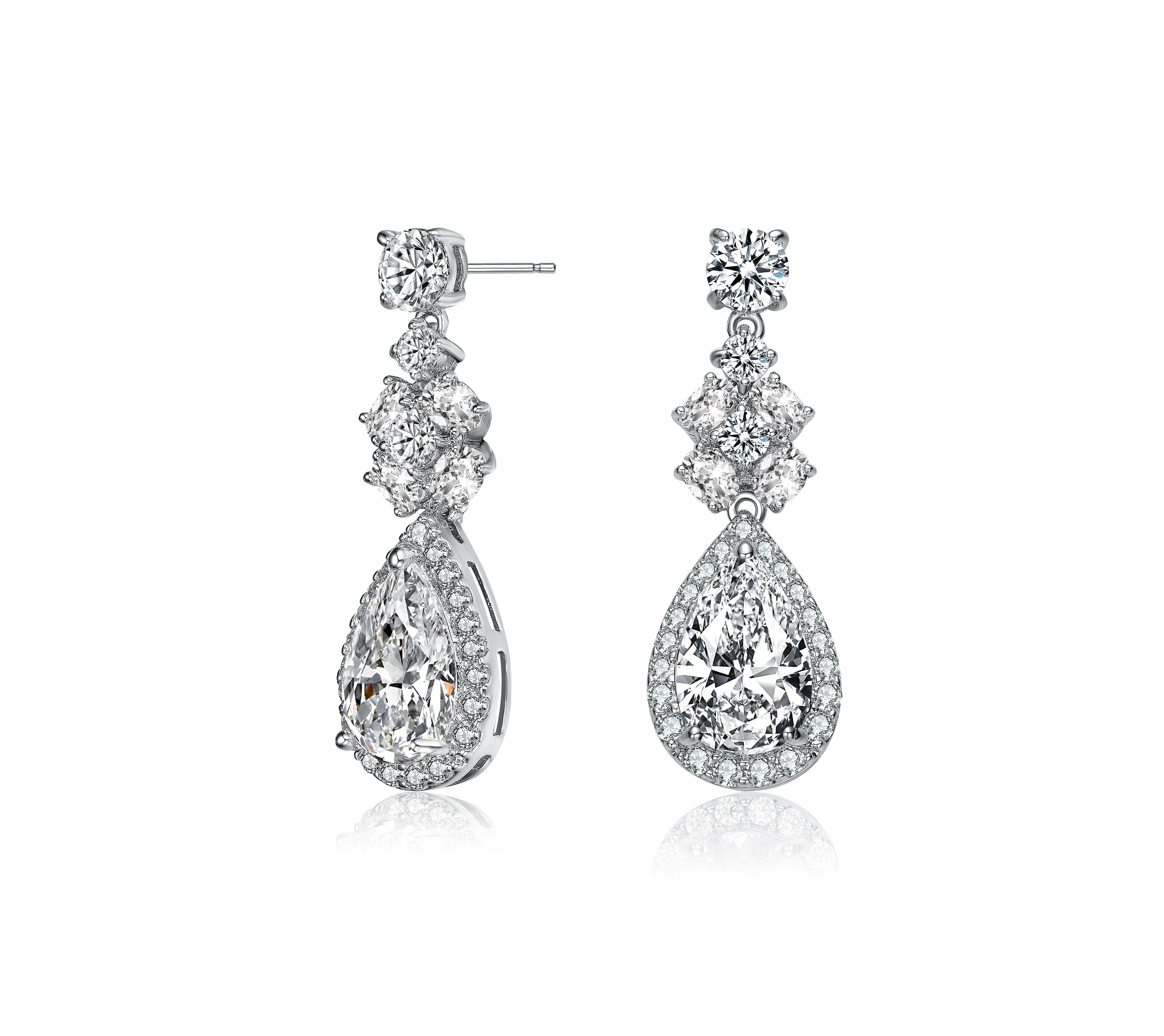 Genevive Elegant Sterling Silver White Gold-Plated Clear Cubic Zirconia Drop Earrings
