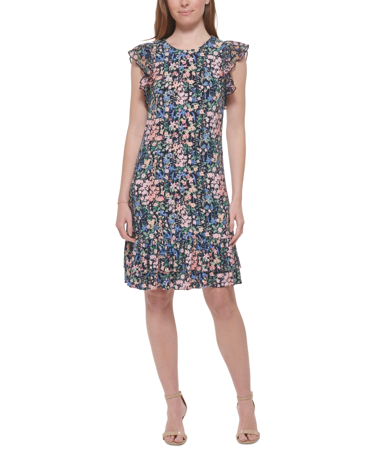 Shop Tommy Hilfiger Petite Printed Flutter-sleeve Dress In Sky Captain.bloom