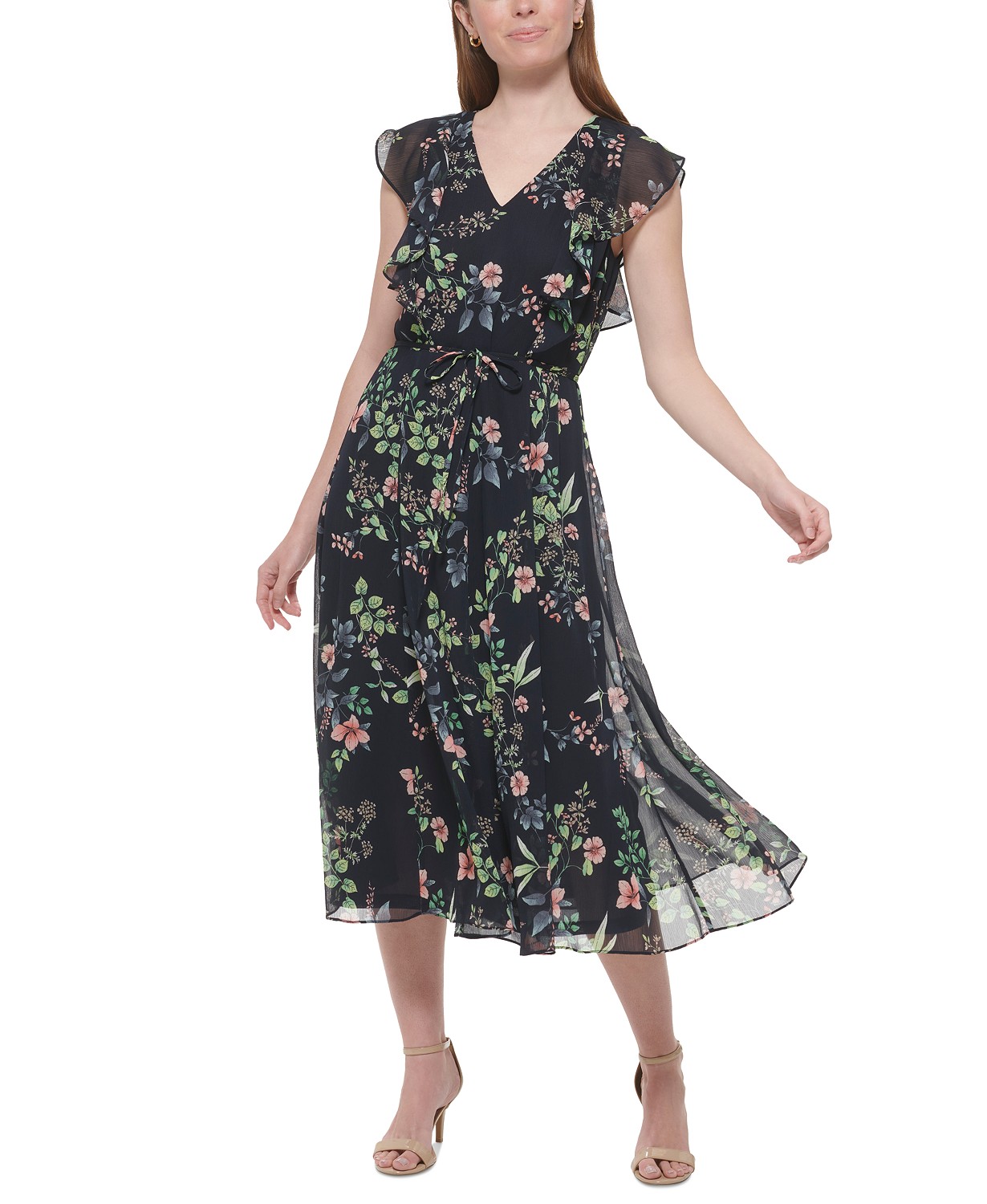 Womens Floral-Print Ruffled Midi Dress