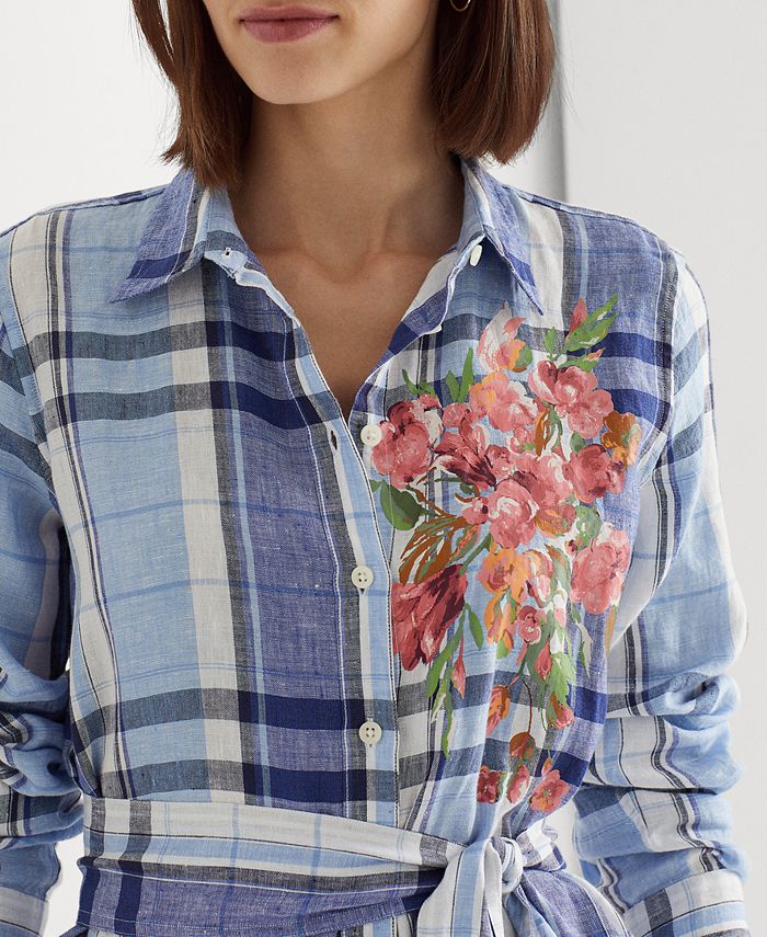 Lauren Ralph Lauren Petite Floral & Plaid Linen Shirtdress - Macy's