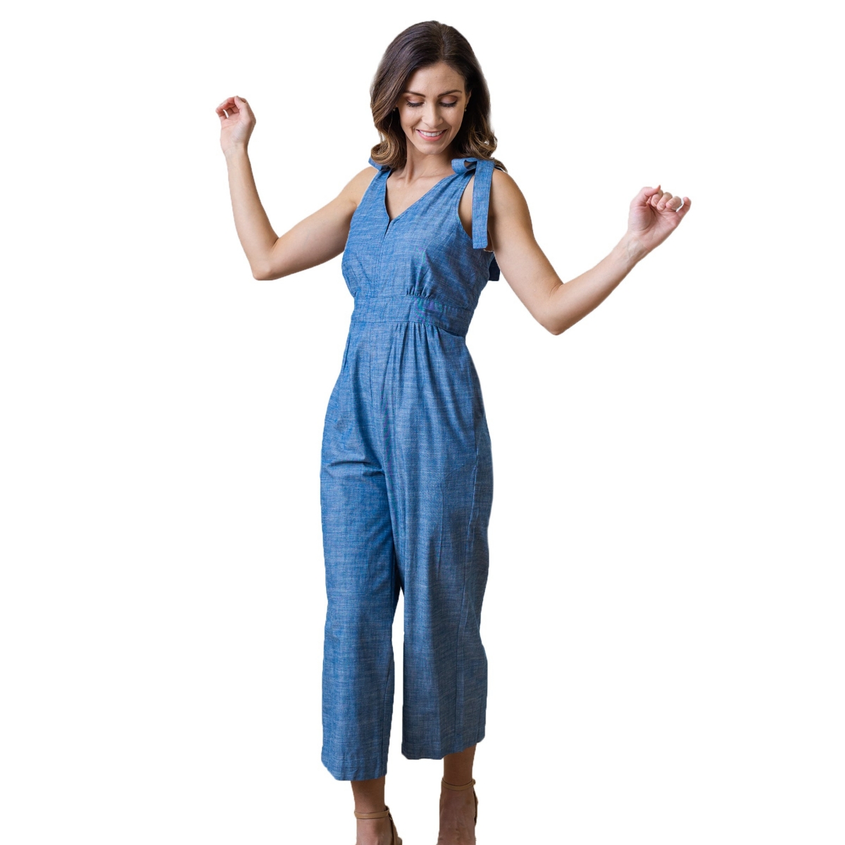 Women's Sleeveless Bow Shoulder Jumpsuit - Blue Chambray