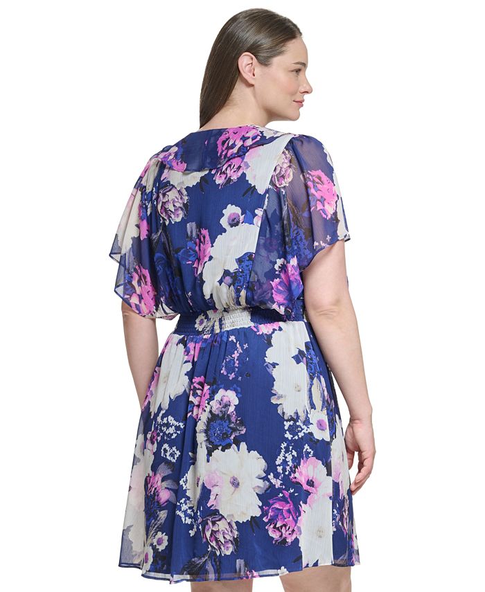 DKNY Plus Size Floral-Print V-Neck Smocked Dress & Reviews - Dresses ...