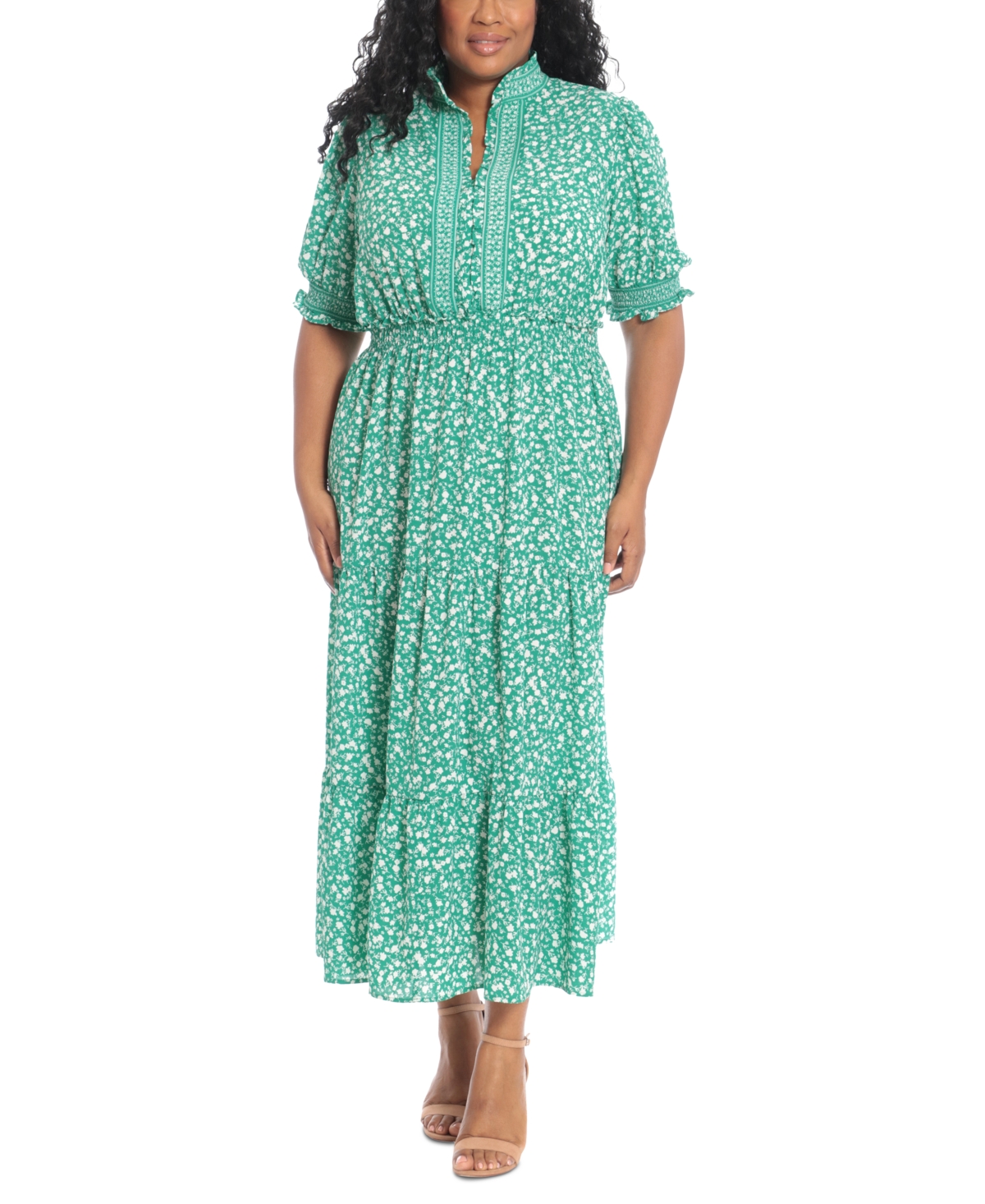 Plus Size Floral-Print Tiered Maxi Dress - Jade/White
