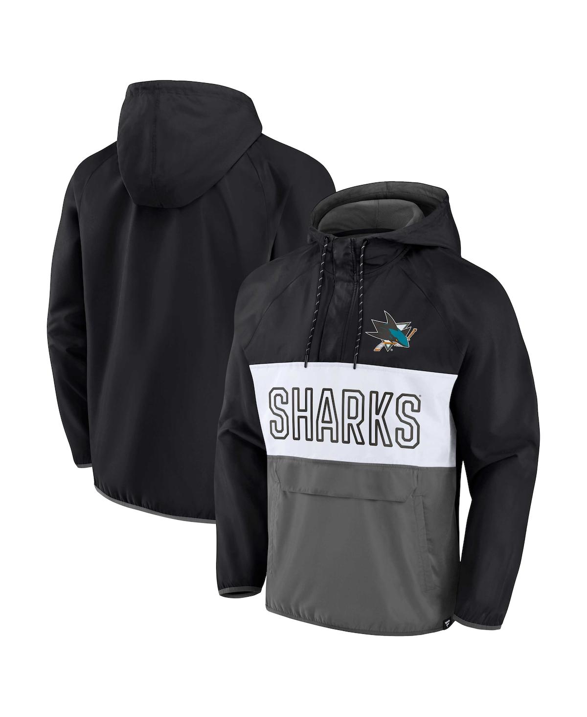 Fanatics Branded Black/gray San Jose Sharks Backhand Shooter Defender Anorak Raglan Hoodie Quarter-z In Black,gray