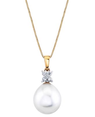 Macy's - Cultured Freshwater Pearl (11mm) & Diamond (1/10 ct. t.w.) 18" Pendant Necklace in 14k Gold