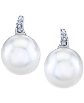 Cultured Freshwater Pearl (11mm) & Diamond Accent Earrings Stud Earrings in 10k White Gold
