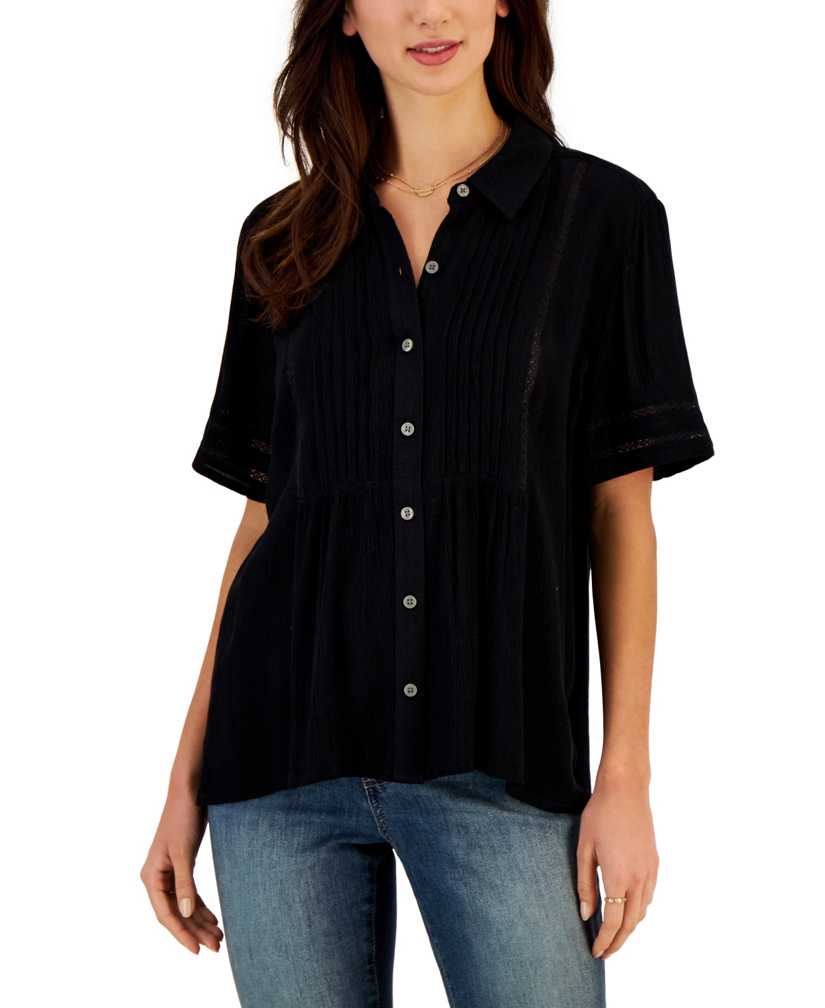 Shop Style & Co Women's Pintuck Short-sleeve Button-front Shirt, Created For Macy's In Deep Black