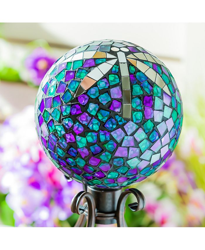 Evergreen 10" Mosaic Glass Gazing Ball, Dragonfly Garden and Yard Decor
