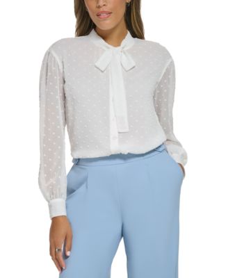 Calvin Klein - Petite Clip-Dot Tie-Neck Long-Sleeve Top