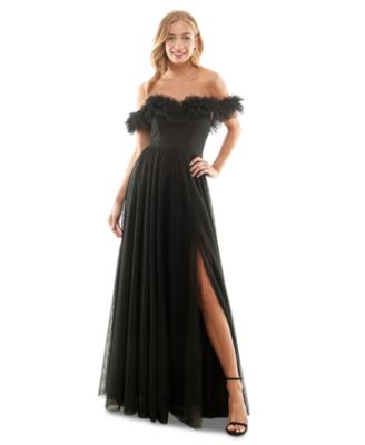 City Studios - Juniors' Mesh Ruffled-Neck Side-Slit Gown