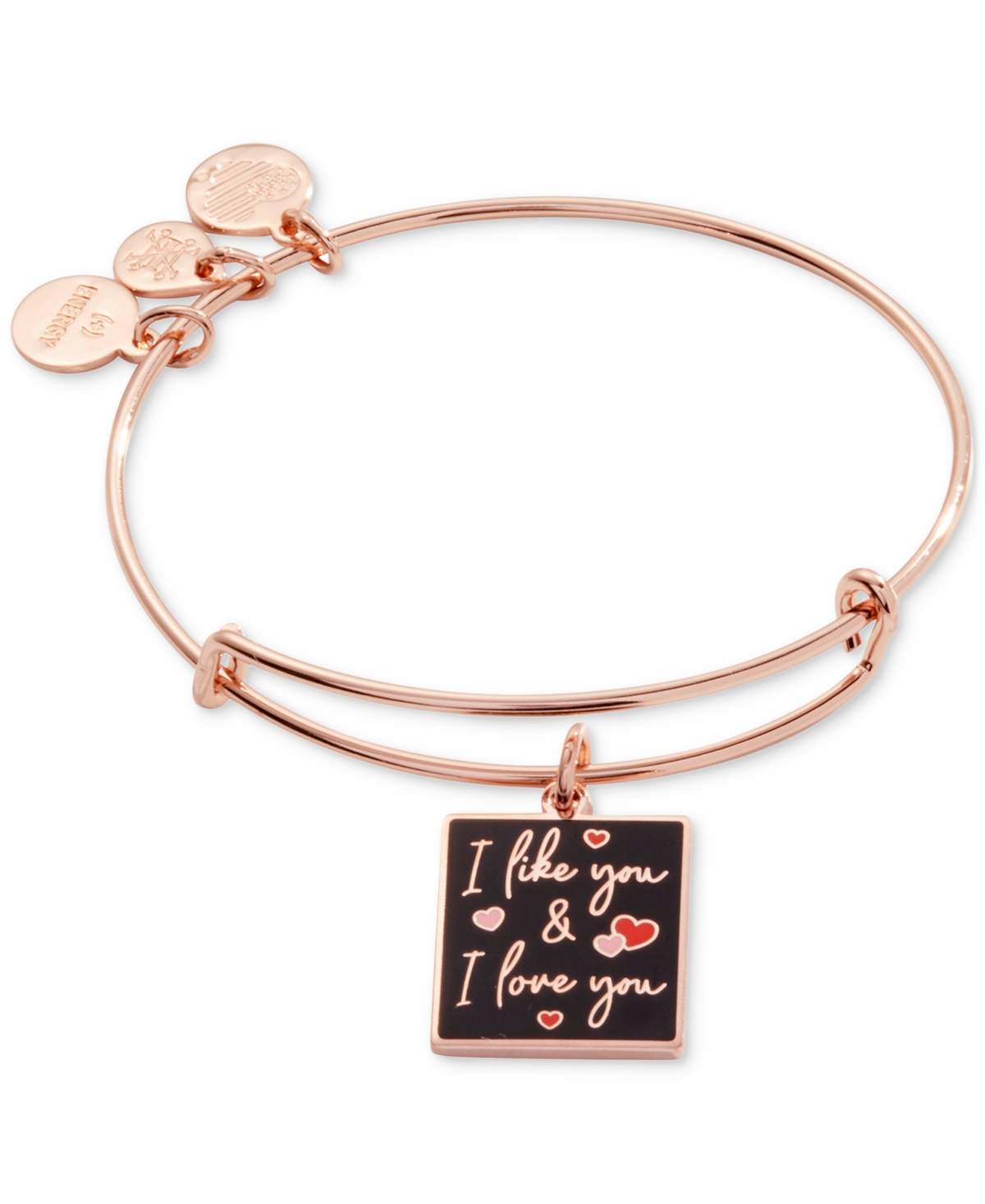 Alex And Ani Rose Gold-tone I Like You & I Love You Charm Bangle Bracelet In Shiny Gold