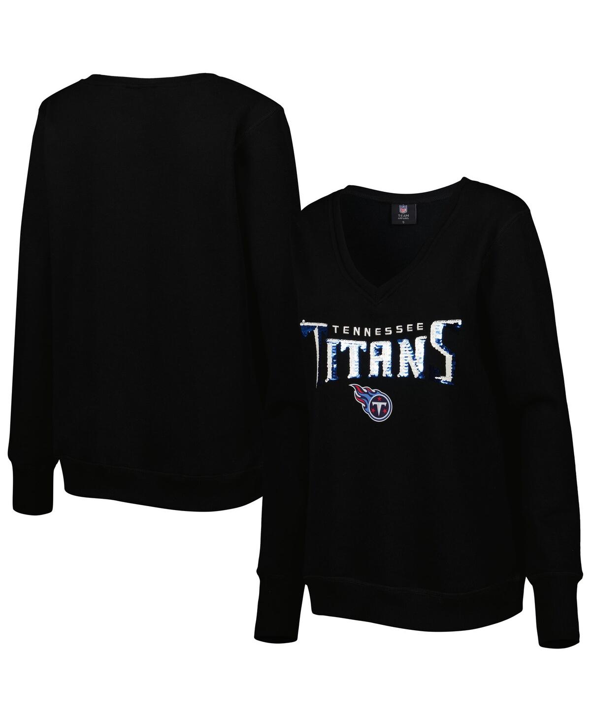 Women's Cuce Black Tennessee Titans Sequin Logo V-Neck Pullover Sweatshirt - Black