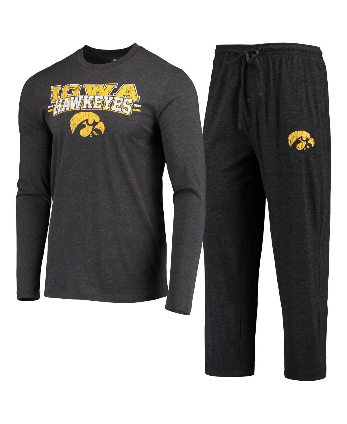 Men's Concepts Sportand Heathered Charcoal Iowa Hawkeyes Meter Long Sleeve T-shirt and Pants Sleep Set - Black, Heathered Charcoal