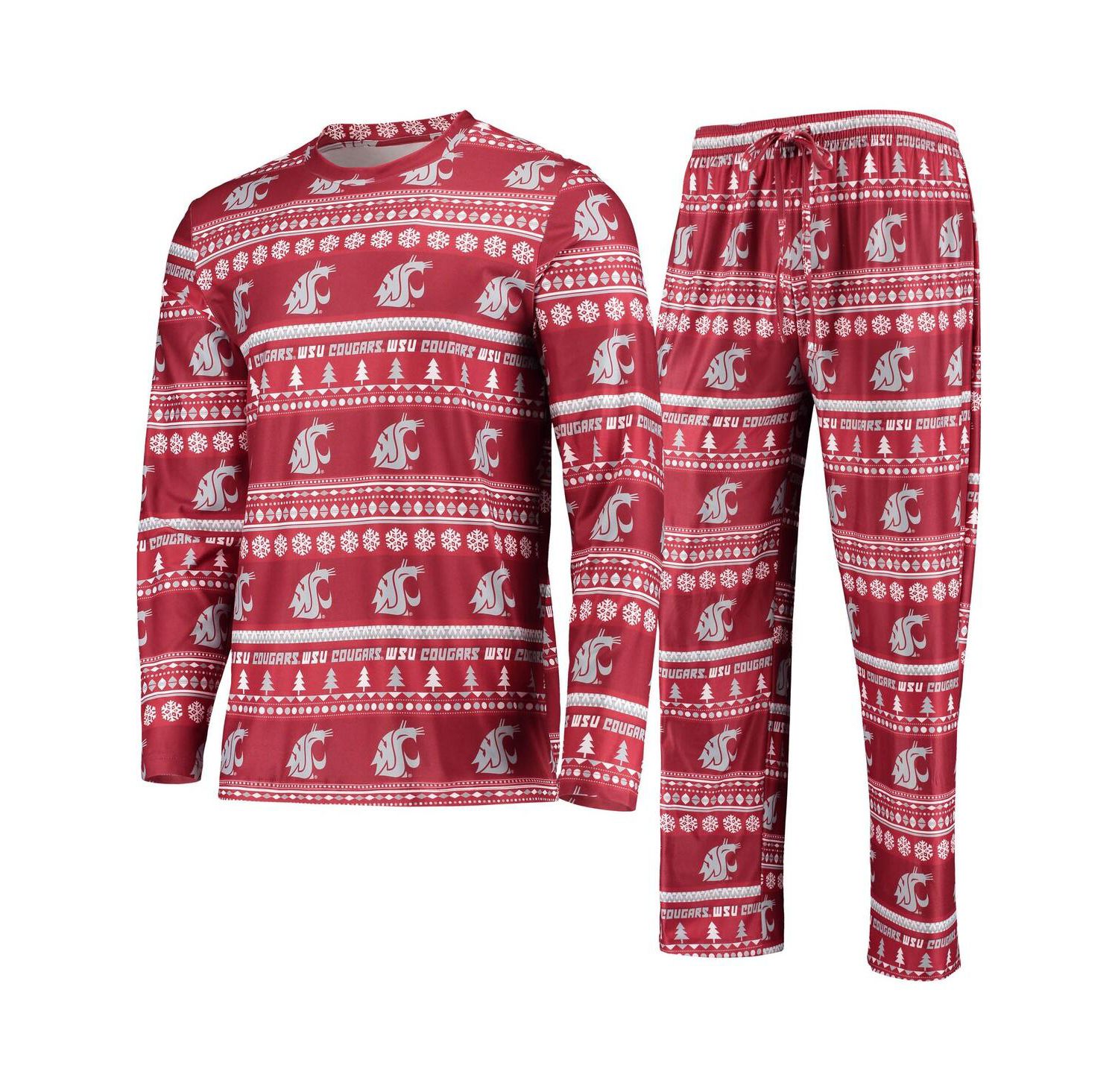 Men's Crimson Washington State Cougars Ugly Sweater Long Sleeve T-shirt and Pants Sleep Set