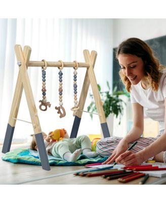 Baby Foldable Wooden Gym with 3 Wooden Teething Toys