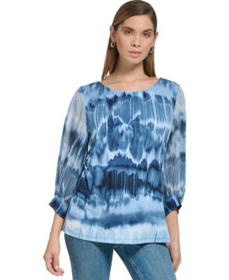 Calvin Klein - Women's Printed Mixed-Media 3/4-Sleeve Top