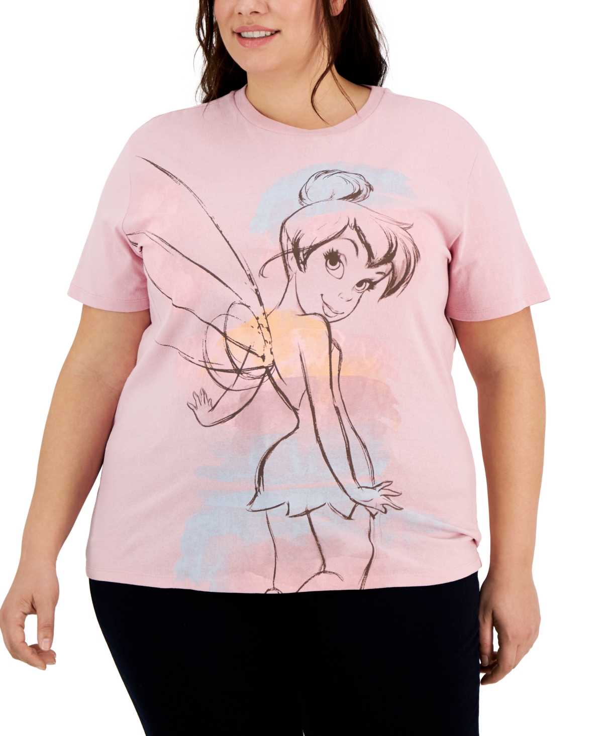 Disney Juniors' Crewneck Graphic Tinker Bell Watercolor T-shirt In Bleached Mauve