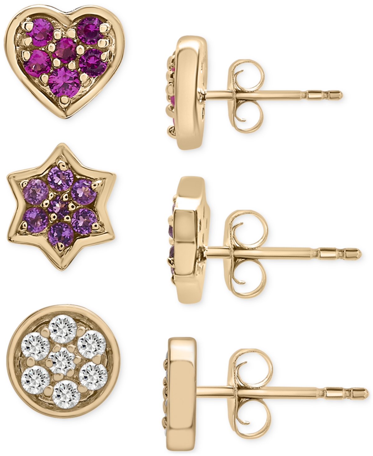 Macy's 3-pc. Set Multi-stone Stud Earrings In 14k Gold-plated Sterling Silver In Multi-gemstone