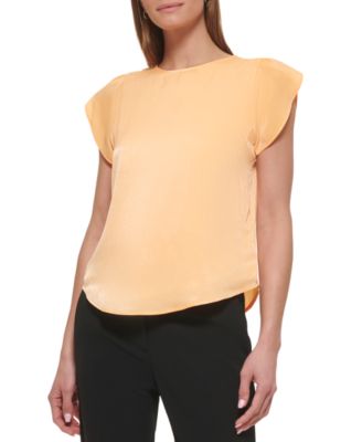 DKNY - Petite Solid Flutter-Sleeve Round-Hem Crewneck Blouse