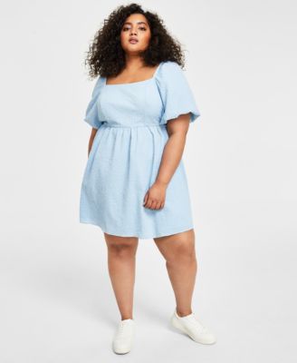 And Now This - Trendy Plus Size Seersucker Puff-Sleeve Dress