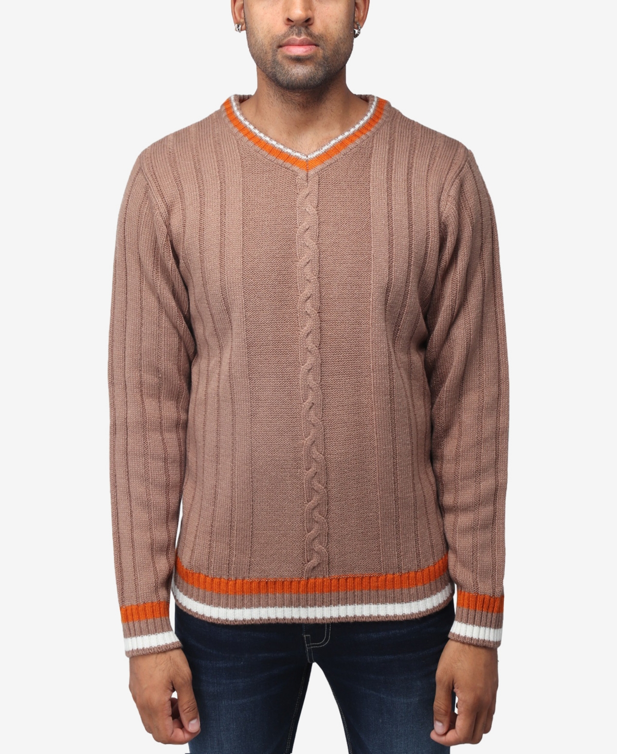 Shop X-ray Men's Cable Knit Tipped V-neck Sweater In Praline