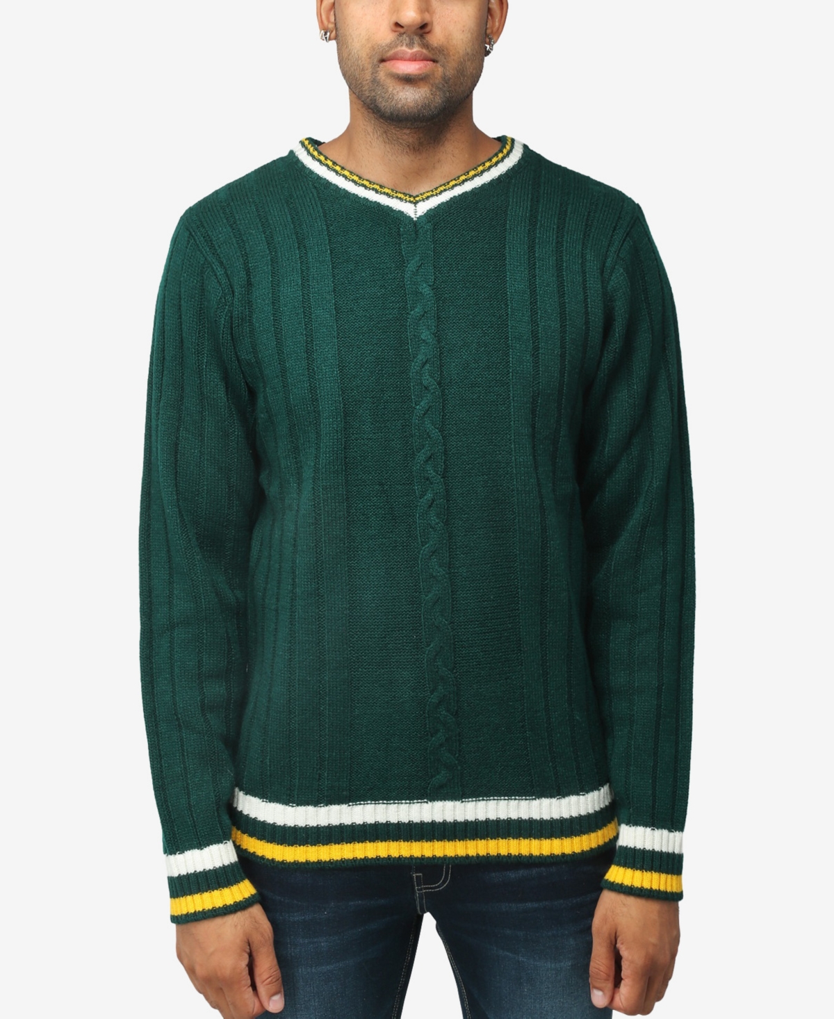 Shop X-ray Men's Cable Knit Tipped V-neck Sweater In Rain Forest