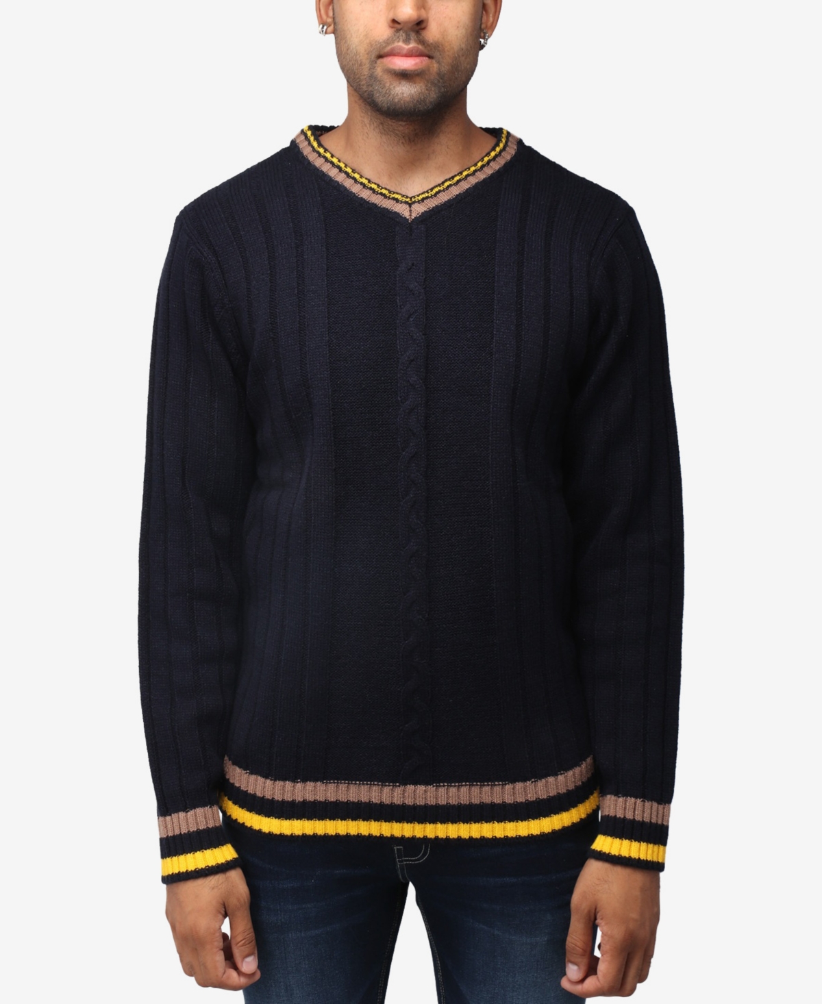 Shop X-ray Men's Cable Knit Tipped V-neck Sweater In Navy