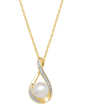 Solid 14K Yellow popular Gold 6mm Pearl Diamond Accent Pendant