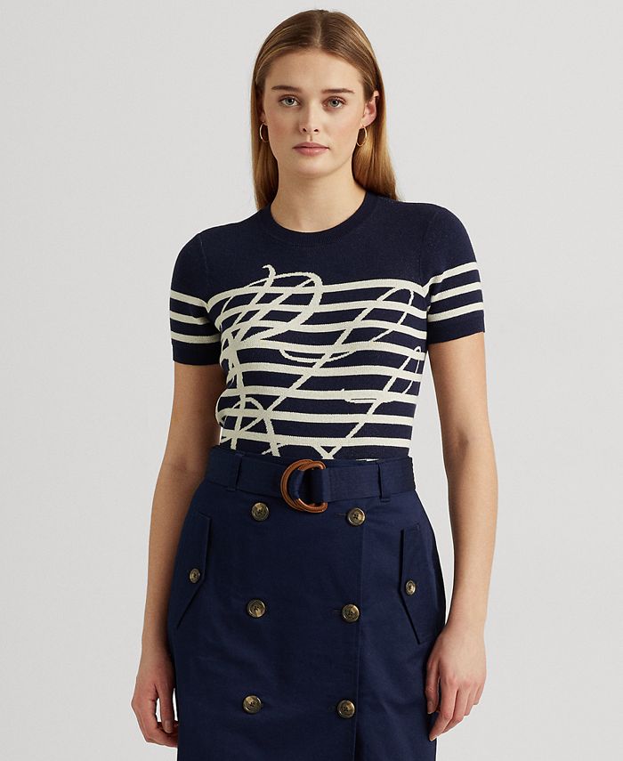 Ralph Lauren Women's Striped Short Sleeve Sweater Blue Size X-Small