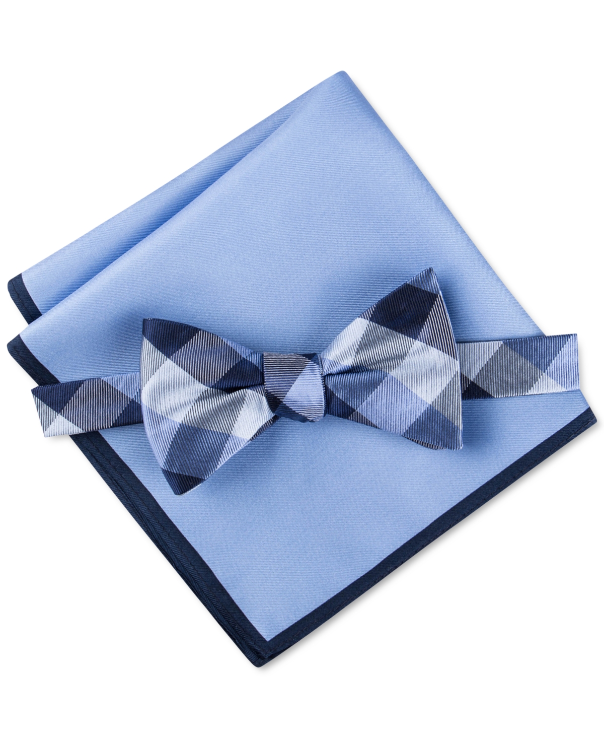Tommy Hilfiger Men's Buffalo Check Bow Tie & Solid Pocket Square Set In Blue