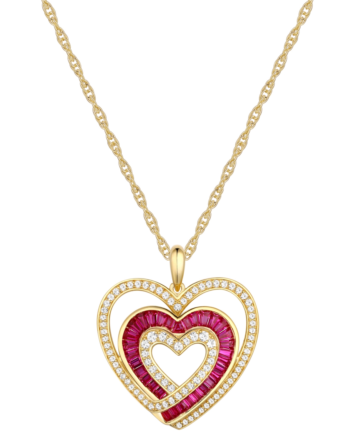 Macy's Lab-grown Ruby (1/2 Ct. T.w.) & Lab-grown White Sapphire (3/8 Ct. T.w.) Triple Heart 18" Pendant Nec In Ruby