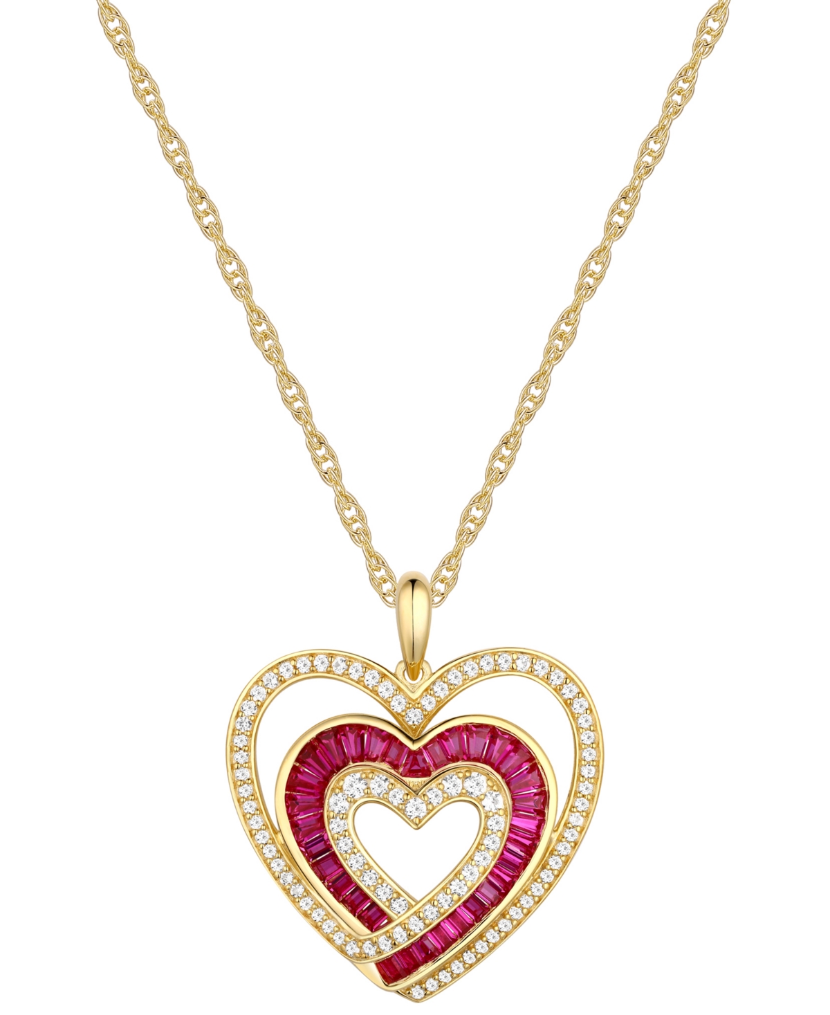 Macy's Lab-grown Ruby (1/2 Ct. T.w.) & Lab-grown White Sapphire (3/8 Ct. T.w.) Triple Heart 18" Pendant Nec