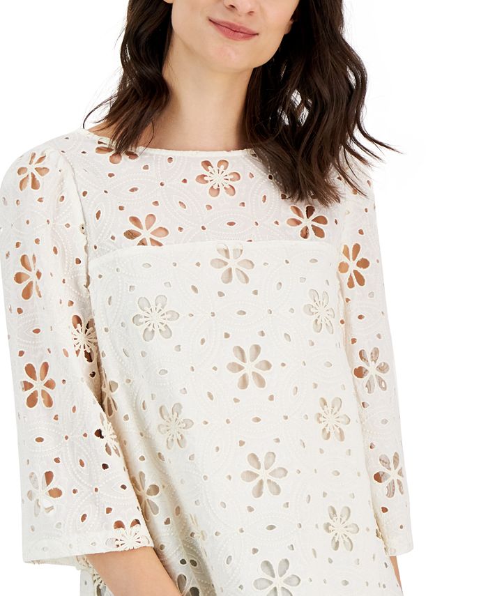 T Tahari Women's Floral Embroidered Eyelet BoatNeck Top Macy's