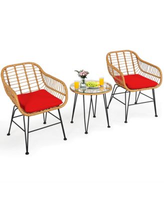 3PCS Patio Rattan Bistro Furniture Set Cushioned Chair Table