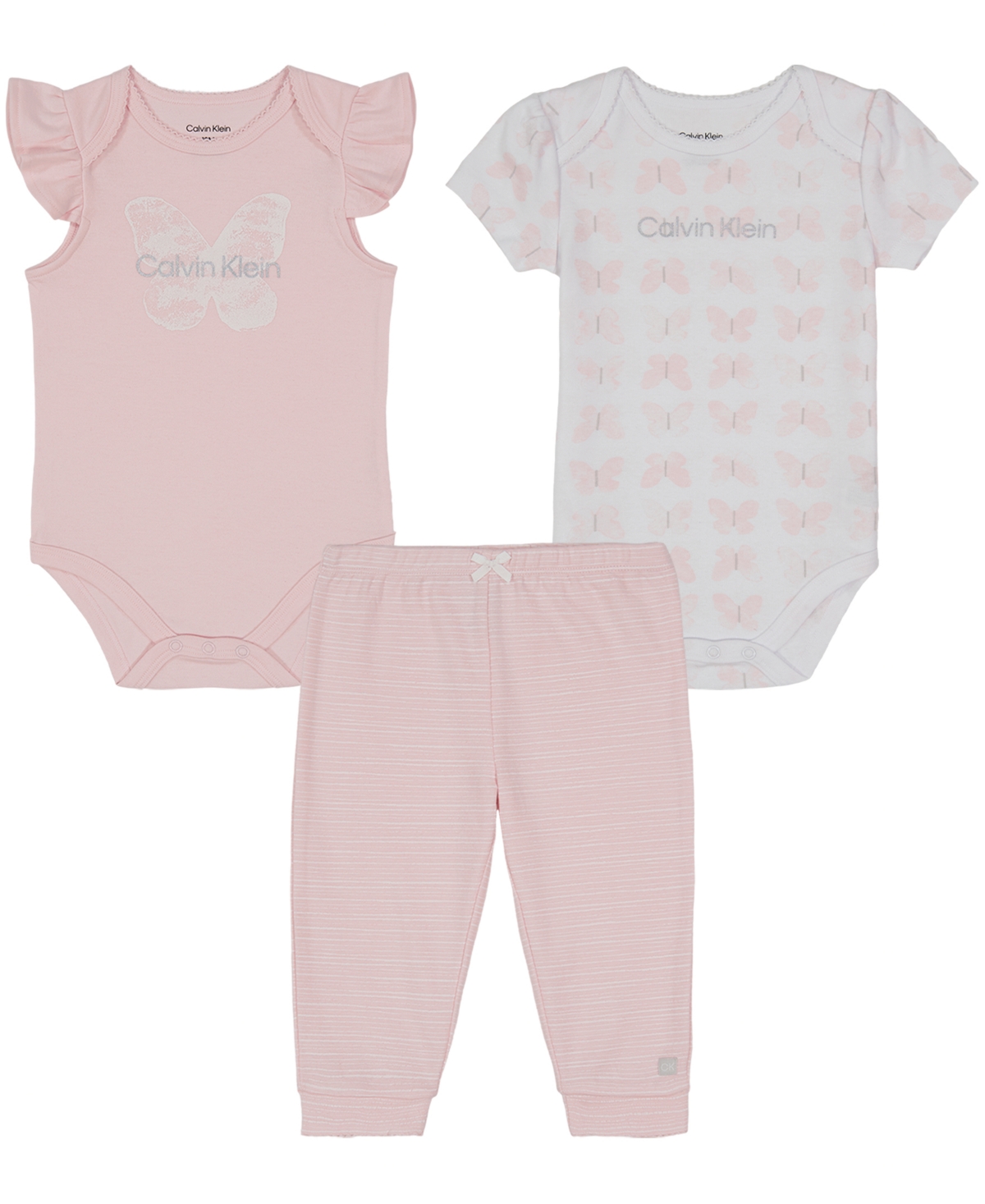 Calvin Klein Baby Girls Butterfly Bodysuits And Joggers, 3 Piece Set In Pink