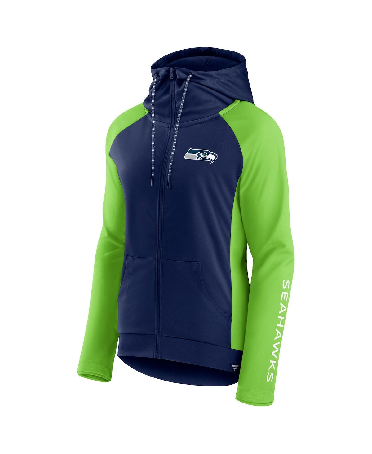 Fanatics Branded College Navy/neon Green Seattle Seahawks End Around Lightweight Raglan Full-zip Hoo In College Navy,neon Green