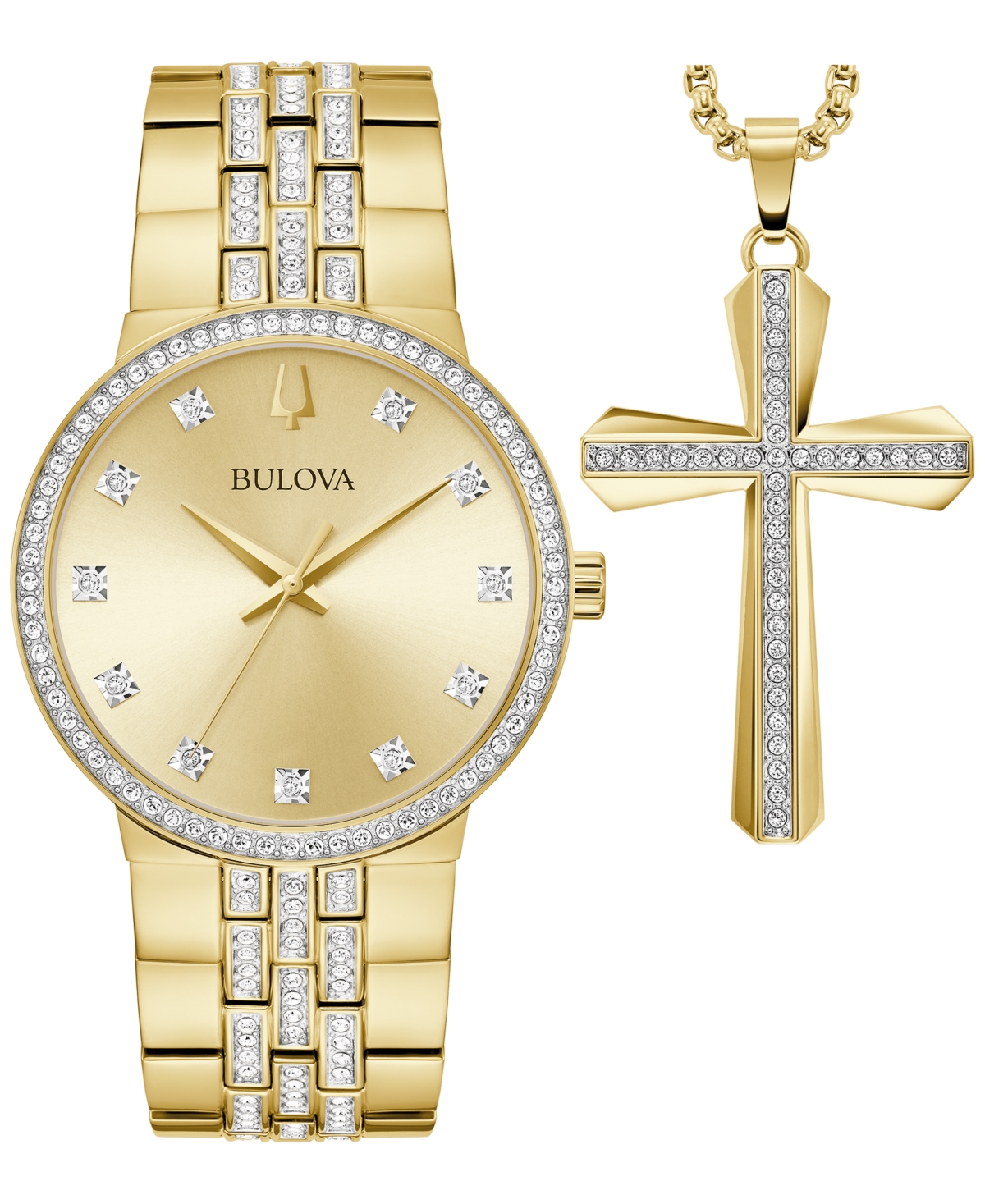 Bulova Men's Crystal Gold-tone Stainless Steel Bracelet Watch 40mm & Necklace Box Set