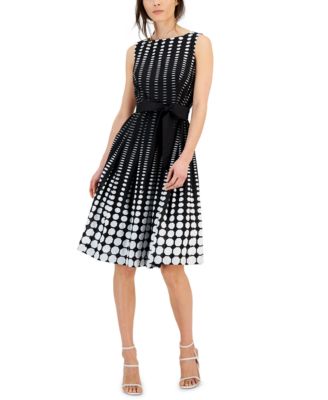Anne Klein - Women's Cotton Dot-Print Fit & Flare Belted Dress
