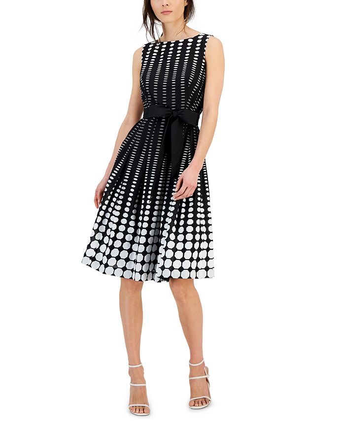 Anne Klein Women s Cotton Dot Print Fit Flare Belted Dress Macy s