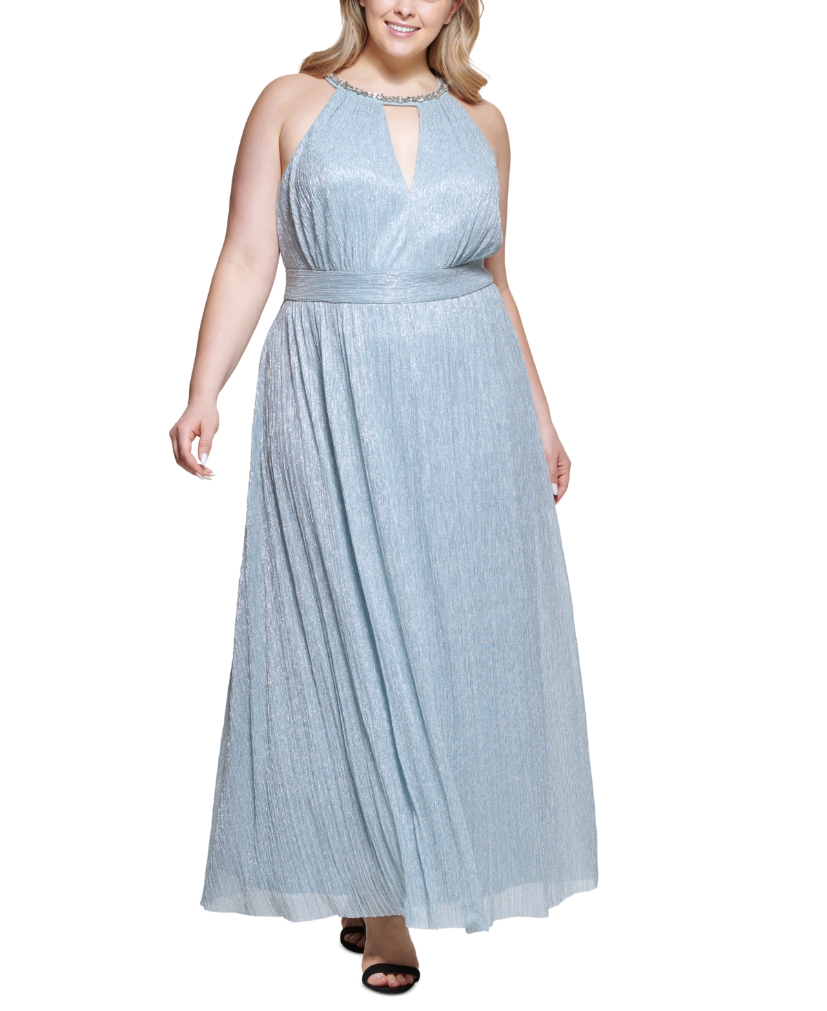 Eliza J Embellished Shimmer Halter A-line Gown In Sky Blue