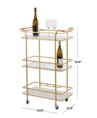 27" x 13" x 33" Marble Rolling 1 Glass and 2 Marble Shelves with Handles Bar Cart