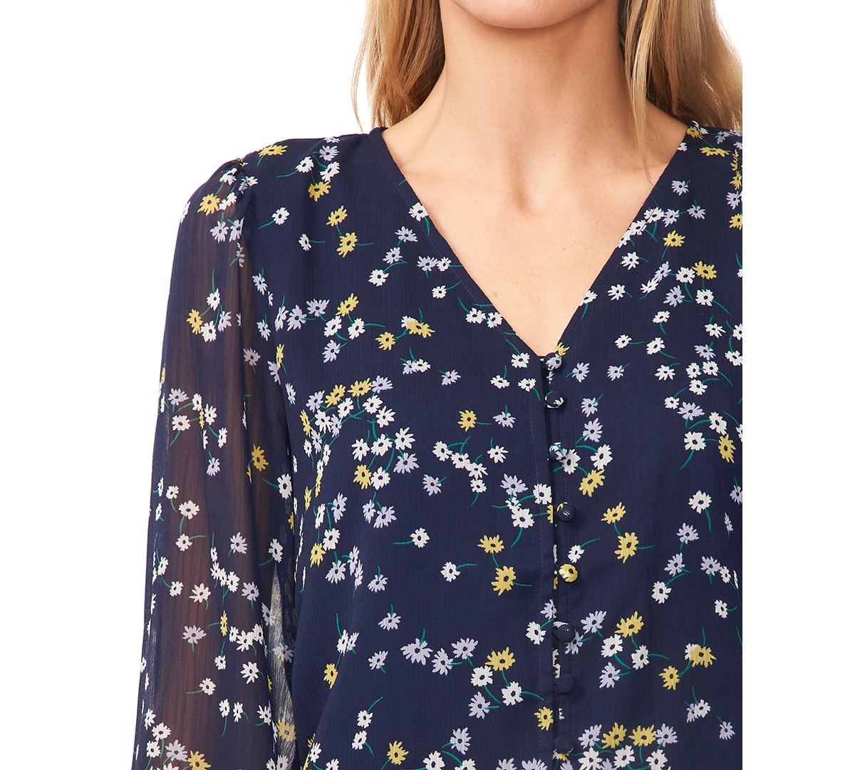 CeCe Women's Floral-Print V-Neck Button-Front Blouse