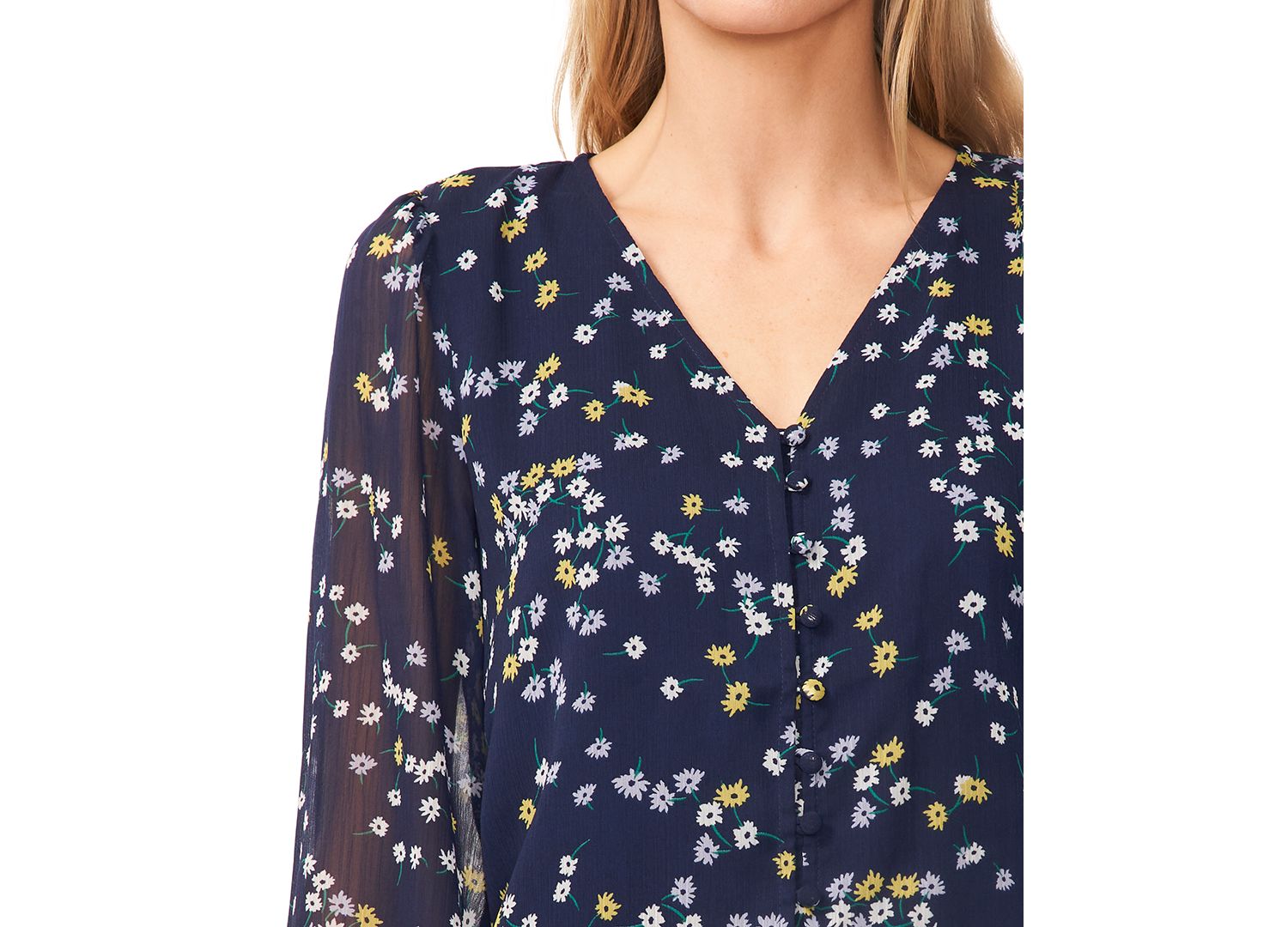 Women's Elastic Cuff V-Neck Button Up Top