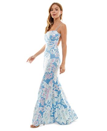 B Darlin Juniors' Sequined Strappy-Back Evening Gown - Macy's