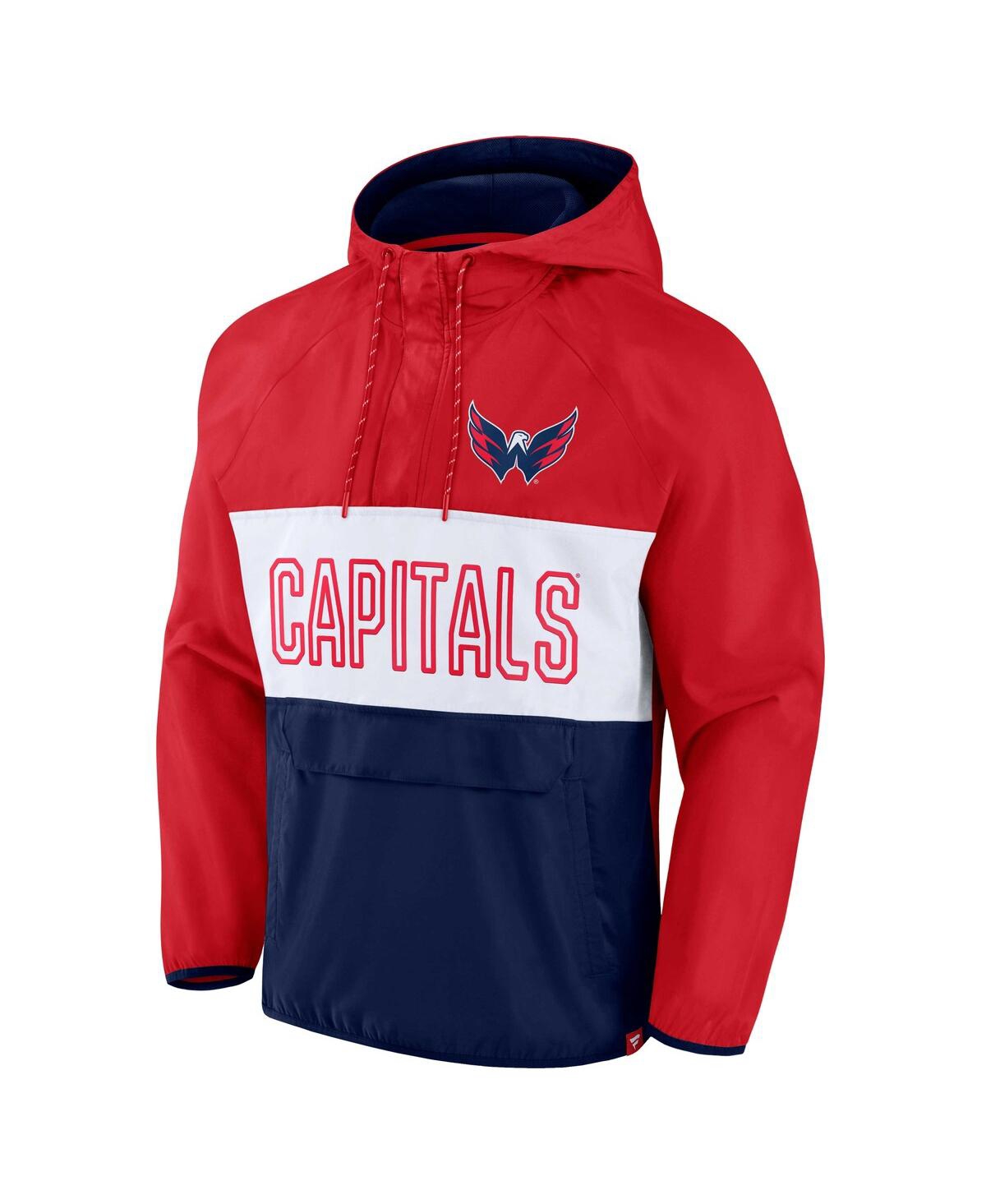 Shop Fanatics Men's  Red, Navy Washington Capitals Backhand Shooter Defender Anorak Raglan Hoodie Quarter- In Red,navy