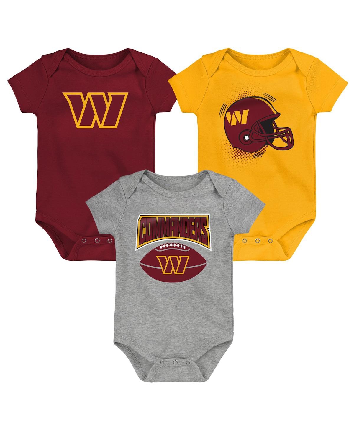 Outerstuff Babies' Infant Boys And Girls Burgundy, Gold, Heathered Gray Washington Commanders 3-pack Game On Bodysuit S In Burgundy,gold